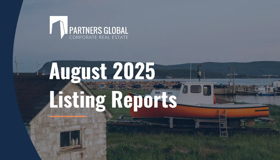 Title page of the August 2025 Listing Reports, featuring a scenic fishing village in the background with a navy blue overlay and the Partners Global logo.