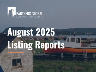 Title page of the August 2025 Listing Reports, featuring a scenic fishing village in the background with a navy blue overlay and the Partners Global logo.